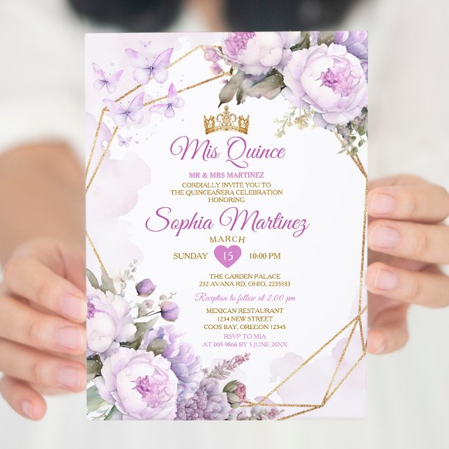 Elegant Lila Butterfly Lilac & Guld Quiñceanera Inbjudningar (Skapare uppladdad)