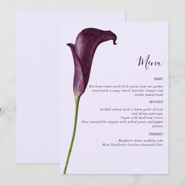 Elegant lila Calla Lily-blomma Bröllop Meny (Fram/baksida)