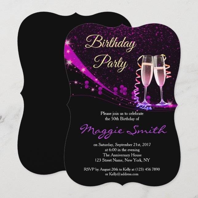 Elegant Lila Champagne Födelsedagsfest Inbjudan (Fram/baksida)