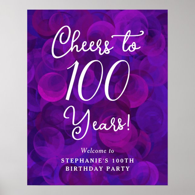 Elegant Lila Cheers till 100 år 100 födelsedag Poster (Framsidan)