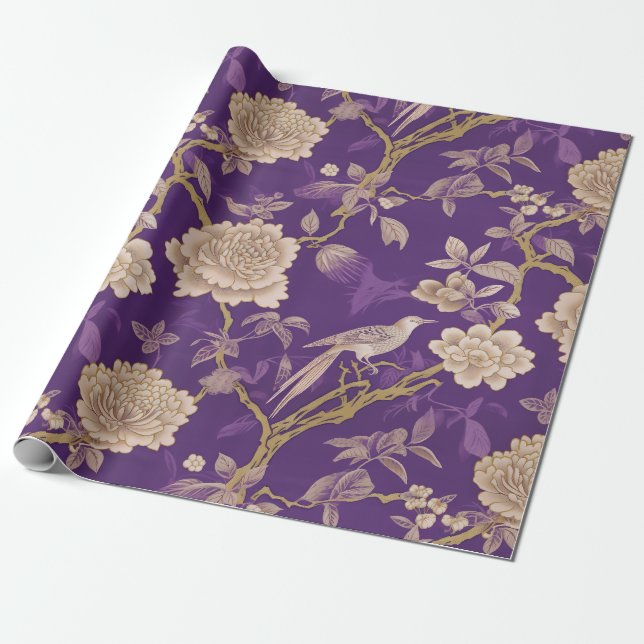 Elegant lila chinoiserie presentpapper (Utrullad)