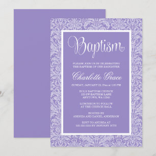 Elegant Lila Damask Girl Baptism Christing Inbjudningar