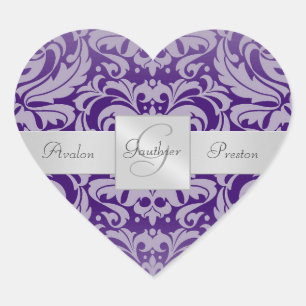 Elegant Lila Damask Heart Bröllop Sticker Hjärtformat Klistermärke