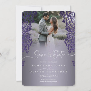Elegant Lila Damask Spara datumfotokortet Tack Kort