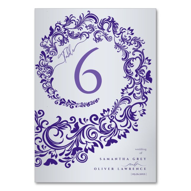 Elegant lila damast bröllopsbord nummerkort bordsnummer (Framsidan)