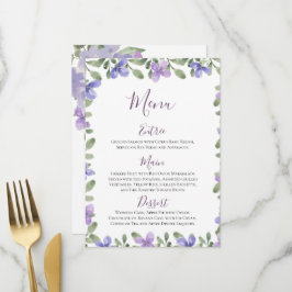 Elegant lila dammig blå blomklädd bröllopsmottagni meny