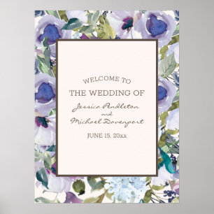 Elegant lila dammig blå blomsterbröllop välkomstsk poster