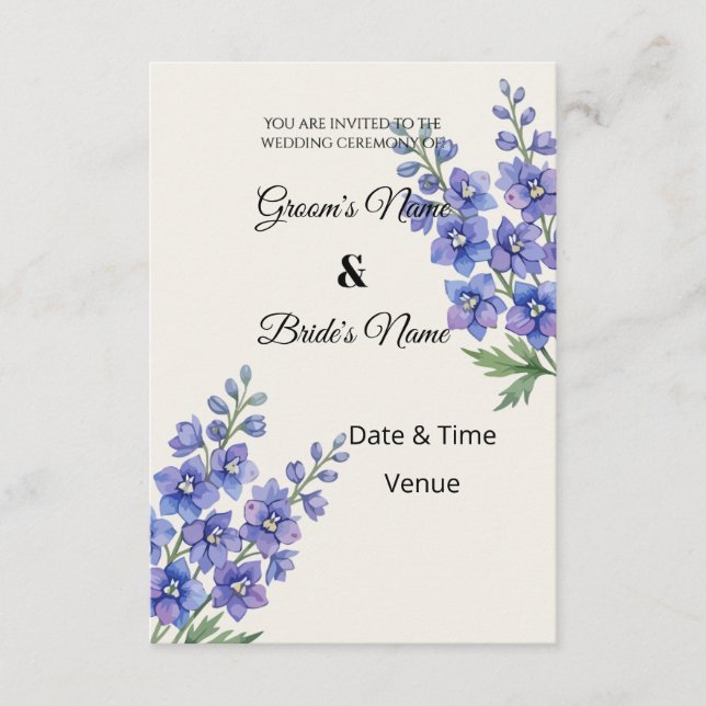Elegant lila Delphinium bröllopsinbjudan Inbjudningar (Framsida)