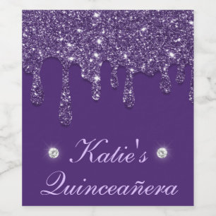 Elegant lila droppande glitter Quinceanera Vinflaska Etikett