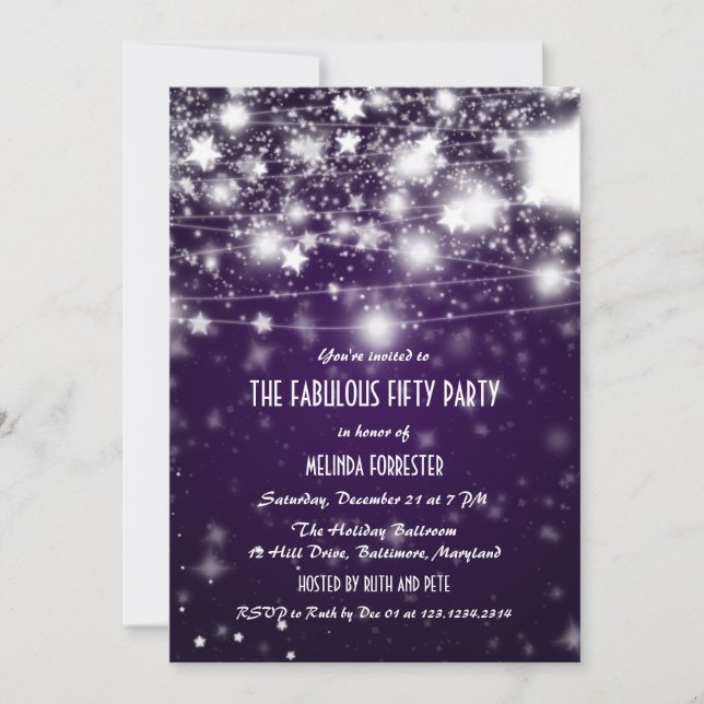 Elegant Lila Fabulous 50 Party Shining Stars Inbjudningar (Framsida)