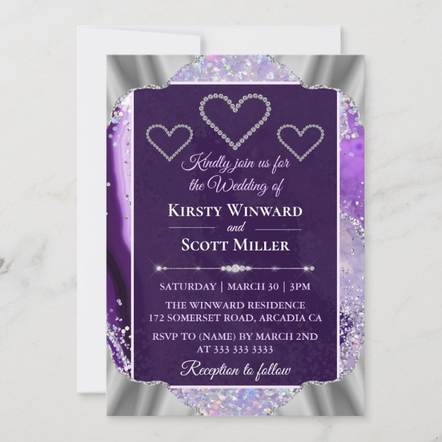 Elegant lila falsk holo glitter agat bröllop inbjudningar (Framsida)