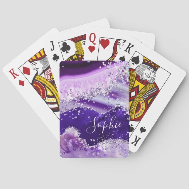 Elegant lila falsk holo-glitter agat casinokort (Baksidan)