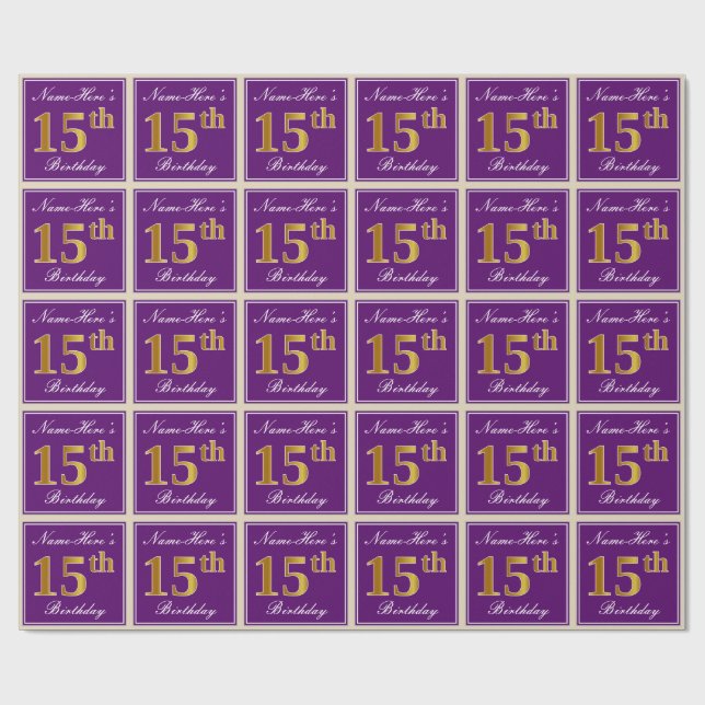 Elegant, lila, falskt guld 15-årsdag + namn presentpapper (Platt)