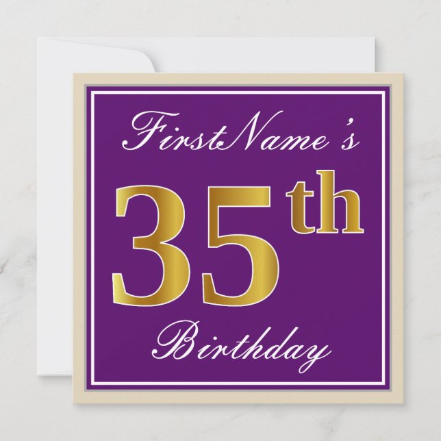 Elegant, Lila, Faux Guld 35e Birthday + Namn Inbjudningar (Framsida)