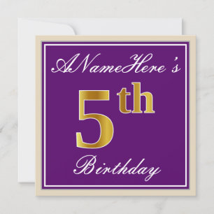 Elegant, Lila, Faux Guld 5th Birday + Namn Inbjudningar