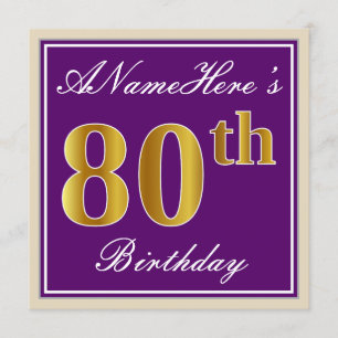 Elegant, Lila, Faux Guld 80 Birthday + Namn Inbjudningar