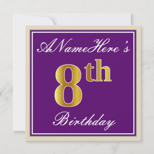 Elegant, Lila, Faux Guld 8th Birday + Namn Inbjudningar
