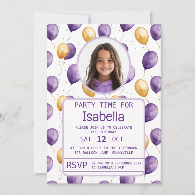 Elegant Lila Faux Guld Balloons Birthday Inbjudningar (Framsida)
