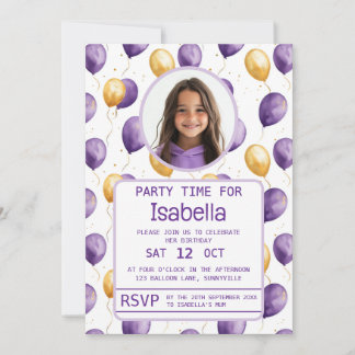 Elegant Lila Faux Guld Balloons Birthday Inbjudningar