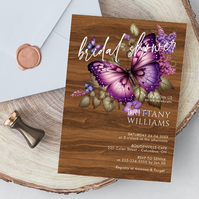 Elegant lila fjäril bröllopsdusch-inbjudan inbjudningar (Elegant Purple Butterfly Bridal Shower Invitation
)