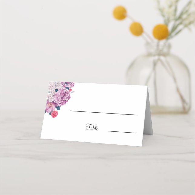 Elegant Lila Flower Personlig Bröllop Bord Placeringskort (Framsida)