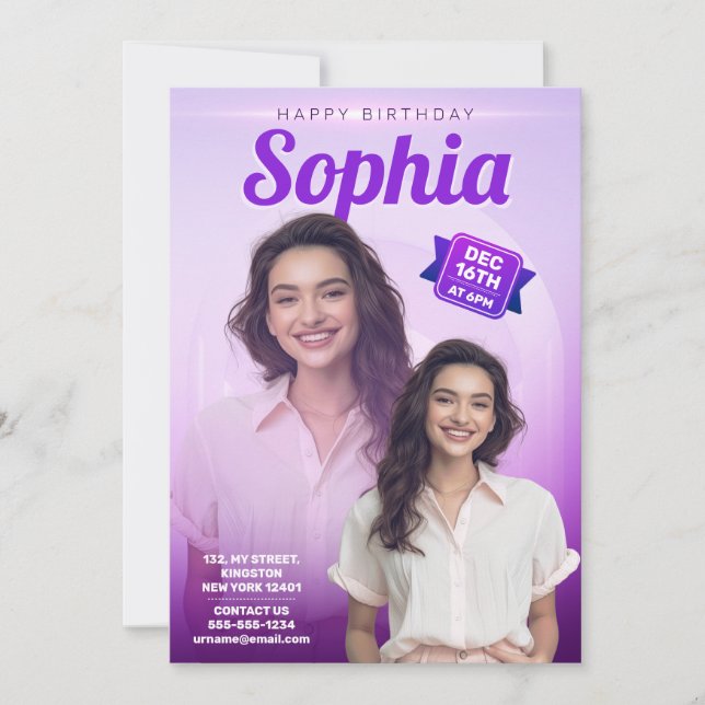 Elegant Lila Födelsedagsfest Girls One Photo Inbjudningar (Framsida)