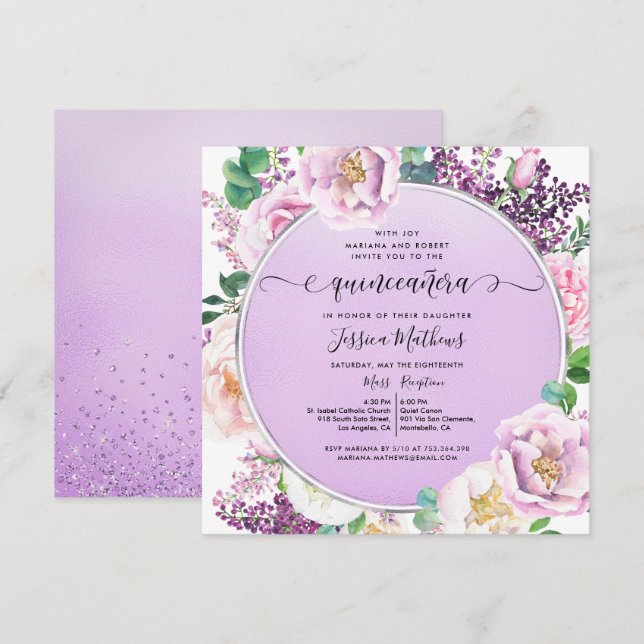 Elegant Lila Foil, Blommigt Watercolor Quinceañera Inbjudningar (Fram/baksida)