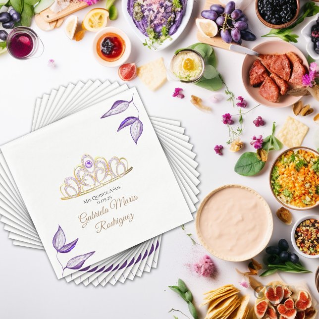 Elegant Lila Foliage och Tiara Quinceañera Pappersservett (Skapare uppladdad)