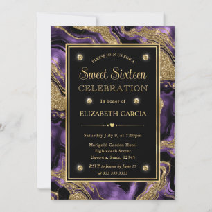 Elegant Lila Folie & Guld Glitter Agate Sweet 16 Inbjudningar