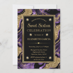 Elegant Lila Folie & Guld Glitter Agate Sweet 16 Inbjudningar