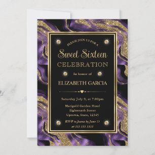 Elegant Lila Folie & Guld Glitter Agate Sweet 16 Inbjudningar