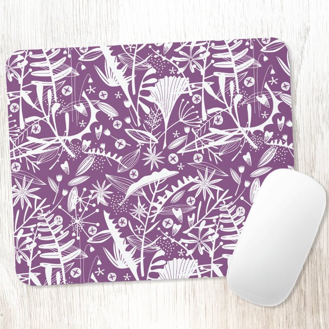 Elegant Lila för botaniska mappar Musmatta (Purple and white botanical pattern mousemat)