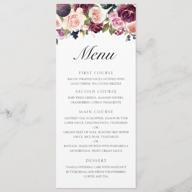 Elegant Lila Frukt Höst Blommig Bröllop Meny (Framsida)