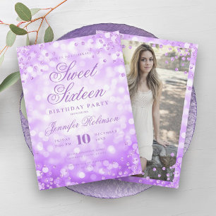 Elegant Lila Glam Ljus Photo Sweet 16 Inbjudningar