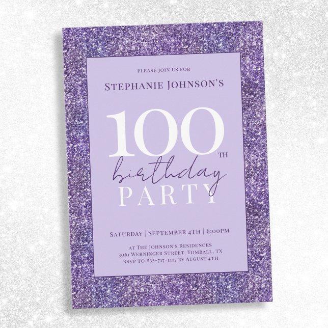 Elegant Lila Glitter 100:e Födelsedagsfesten Inbjudningar (Elegant Purple Glitter 100th Birthday Party Invitation)