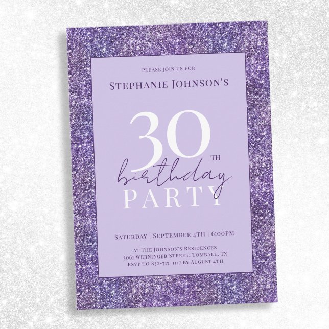 Elegant Lila Glitter 30års födelsedag Party Inbjudningar (Elegant Purple Glitter 30th Birthday Party Invitation)