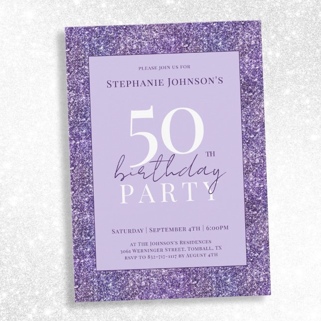 Elegant Lila Glitter 50:e Födelsedagsfesten Inbjudningar (Elegant Purple Glitter 50th Birthday Party Invitation)
