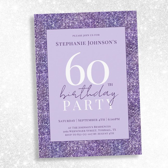 Elegant Lila Glitter 60:e Födelsedagsfesten Inbjudningar (Elegant Purple Glitter 60th Birthday Party Invitation)