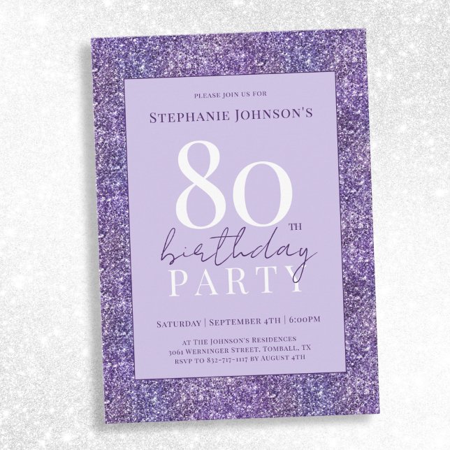 Elegant Lila Glitter 80:e Födelsedagsfesten Inbjudningar (Elegant Purple Glitter 80th Birthday Party Invitation)