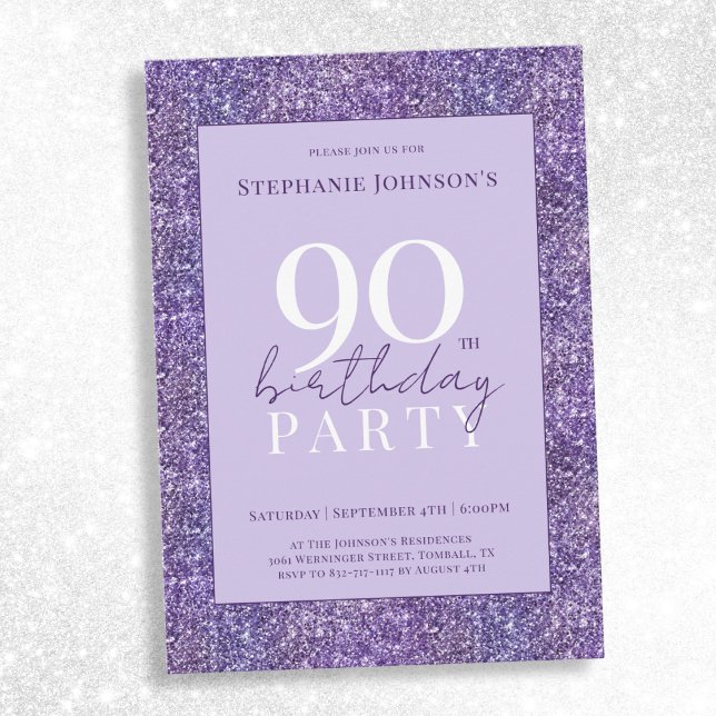 Elegant Lila Glitter 90:e Födelsedagsfesten Inbjudningar (Elegant Purple Glitter 90th Birthday Party Invitation)
