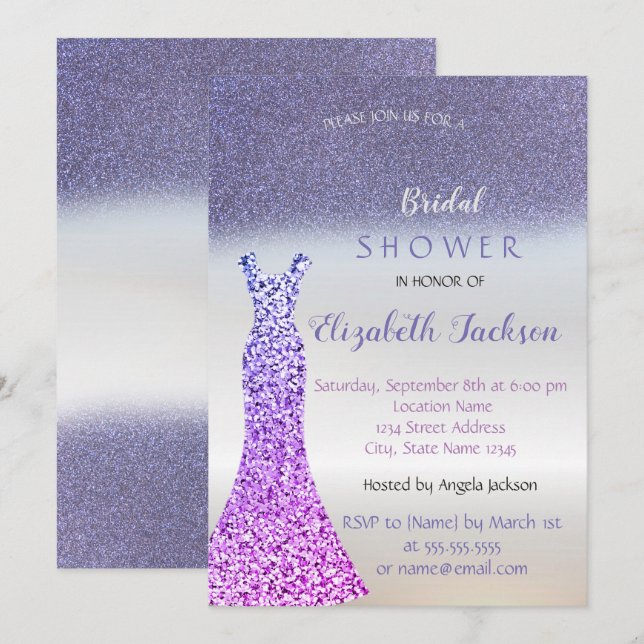 Elegant lila glitter Bokeh, bröllopsklänning Inbjudningar (Fram/baksida)