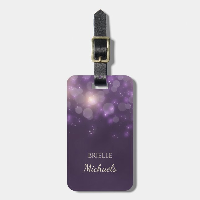Elegant Lila Glitter bokeh Sparkles med Namn Bagagebricka (Vertikal Framsida)