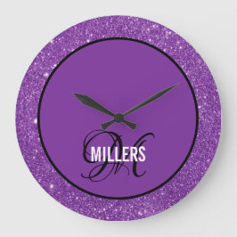 Elegant lila glitter monogram-familjen namn stor klocka