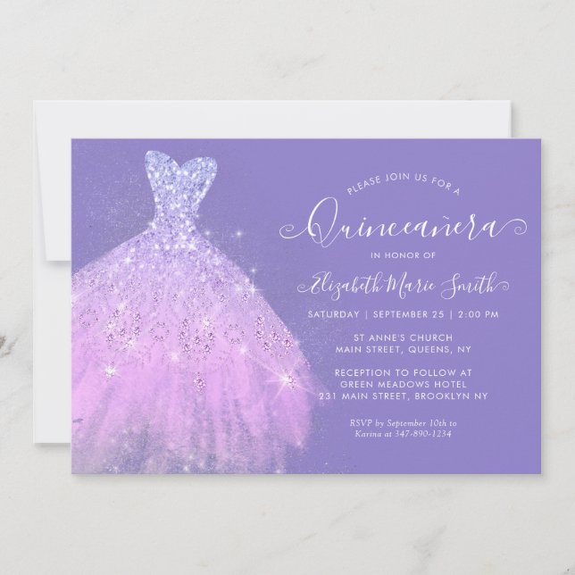 Elegant Lila Glitter Quinceanera Quinceanera Inbjudningar (Framsida)