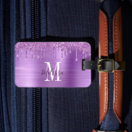 Elegant lila glitterdropp-monogram bagagebricka