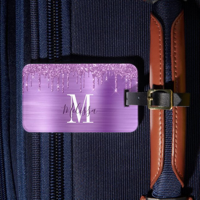 Elegant lila glitterdropp-monogram bagagebricka (Framsida Insitu 4)