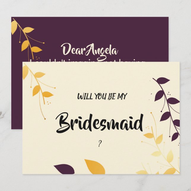 Elegant Lila Golden Lövs Bridesmaid Inbjudningar (Fram/baksida)