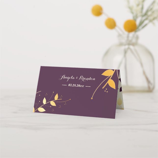 Elegant Lila Golden Lövs Placeringskort (Baksida)