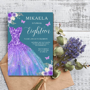 Elegant Lila Gown Blommigt 18:e födelsedagen Inbjudningar