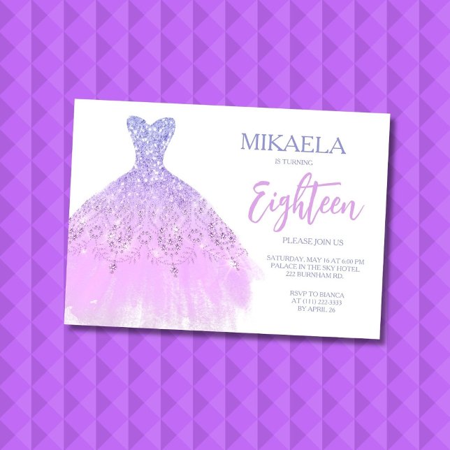 Elegant Lila Gown Glitter 18th Birthday Invitation Inbjudningar (Skapare uppladdad)